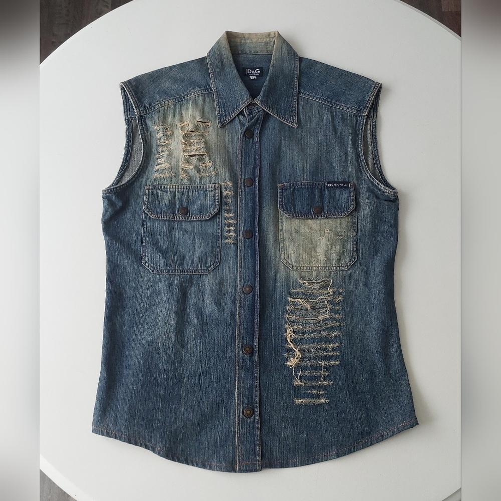 Rare Dolce & Gabanna Sleeveless Denim Vest Shirt Jeans Size M Distressed Men D&G